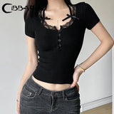 Solid Lace Stitching Crop Top Women Sweet y2k Short Sleeve Bow Patchwork T-shirt Summer Elegant Cute Tees Summer Fashion-Outfit