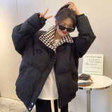 2024 Winter New Chess Board Down Cotton Clothes Female Loose BF Wind Collar Short Cotton-Padded Clothes Cotton-Padded Jacket And Thick Bread Clothes-Outfit