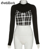 Dark Gothic Two Pieces Sets Skinny Black Turtleneck Long Sleeve Women Crop Tops T-shirts With Plaid Camisole