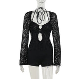 Fongt Autumn 2024 New Temperament Sexy Lace Long-Sleeved Conjoined Shorts