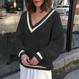 V-neck Patchwork Sweater For Women New Drop Shoulder Lantern Sleeves Casual Oversized Pullover Female Autumn