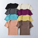 Trendy Women's Sexy Large U-Collar Short Navel Blouse Tight Solid Color Pullover Short-Sleeved T-Shirt-Outfit