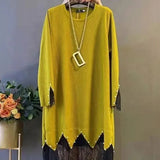 Winter New Fashion Midi Dress Casual Solid Color Lace Patchwork Commute Straight Korean Embroidered Flares O-Neck Dresses-Outfit