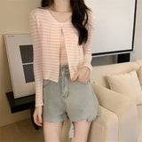 Fongt Summer New Fashion Temperament Sexy Knitted Striped High-Waisted Sling + Long-Sleeved Open-Shirt Two