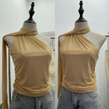 Real Shooting Mesh Ribbon Hanging Neck Folded Sleeveless Top Babes Two-Wearing Design Wrapping Bras