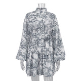 Fongt Spring And Autumn New National Style Ink Print Short Dress Bubble Sleeve Standing Collar Tie Retro-Outfit
