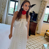 White Lace Buttoned Halter Midi Dress-Outfit