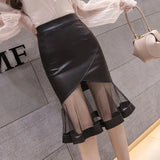 Black Faux Leather Mesh Frill Patchwork Pencil Midi Skirt-Outfit