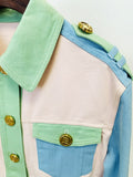 STREET Newest 2022 Fashion Designer Tops Women's Casual Color Block Gold Buttons Pockets Patchwork Crop Denim