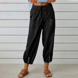 Loose High Waist Button Cotton And Linen Trousers Cropped