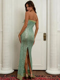 Sequin Strapless Sheer Maxi Dress-Outfit