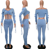 Up Drawstring Two Piece Set Women Off Shoulder Crop Top Ruched Stacked Pants Elegant 2 Piece Set Club Outfits Matching Sets-Outfit