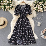 Dress Women's Aging Bubble Cuff Buckle Slimming Medium-Long Heart Machine Forked Retro Broken Flower Platycodon Grandiflorum Skirt-Outfit