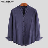 Men Casual Shirt Solid Retro Button Stand Collar Tops Cotton Linen Long Sleeve Chinese Traditional Shirts Men