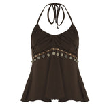 Fongt Vintage Embroidery V-Neck High Belt Vest Design Sensing A Sleeveless Top