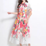 Fongt Famous Bow Tie With Lantern Sleeve High-Rise Dress Female Thin Elegant Print Dress