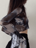 Cropped Flare Cuffs Mesh Blouse-Outfit