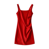New Pleated Vest Dress Summer Women's Solid Color Square Collar Sleeveless Hip Skirt-Outfit