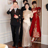 Fongt New Temperament Long-Term Cash Waist Fishtail Skirt Wedding Dress Elegant Gold Squine Mother Dress
