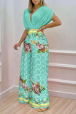 Neck Bat Blouse Print Wide Leg Pants