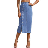 Side Slit Buttoned Denim Midi Skir-Outfit