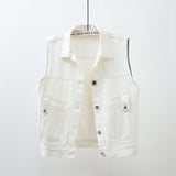 Black Red Pink White Denim Vest Tops Women Spring Summer Washed Ripped Beaded Sleeveless Jacket Lady Jeans Waistcoat