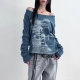 Autumn 2024 New Women's Sexy Hottie Side-Shoulder Loose Art Print Long-Sleeved
