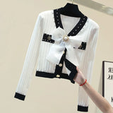 Knitted Diamonds Cardigan Chic Fashion Women V Neck Mesh Big Beaded Bownot Black Button Loose Sweater
