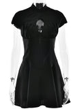 Short Sleeve Satin Hollow Out Mini Dress-Outfit