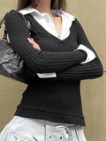 Polo Neck Splice Fake Two Piece Long Sleeve Knit-Outfit