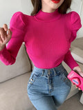 Turtleneck Thick Jumper Knitted Women Sweater Casual Lady Winter Fashion Puff Long Sleeves Elastic Warm Pullovers Sweater-Outfit