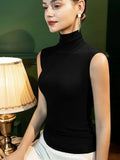 Autumn Basic Mesh Tank Girls Turtleneck Elastic Slim Sheath Top Female Solid Simple Sleeveless Tees Tshirts-Outfit