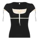 Fongt Court Square Collar Chest Pleated Belt Solid Color Shoulder Short Sleeve T-Shirt 2023-Outfit