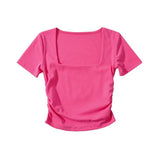 Trendy Women's T-Shirt Slim Style Square Collar Wrinkled Candy Color Short-Sleeved Elastic Blouse-Outfit