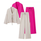 Fongt And Summer Women's Solid Color Tie Shirt Broad Leg Trousers Set Casual Two Sets