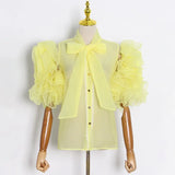 TWOTWINSTYLE Solid Casual Shirt For Women Bow Collar Long Sleeve Patchwork Ruffles Lace Perspective Shirts Female 2022