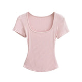 Trend Spice Girls Basic Style Large U-Neck Straight Shoulder Short-Sleeved T-Shirt Slim And Elastic Blouse-Outfit