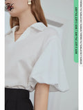 White Khaki V-neck French Lantern Sleeve Shirt Pullover White Short Sleeve Women Tops 2021 New Summer Women