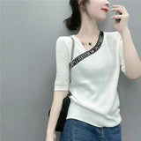 Letter Patchwork Knitted T-shirt Fashion V-Neck Female Clothing All-match Straight Summer Korean Asymmetrical Pullovers-Outfit