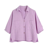 Women Fashion With Pockets Loose Cropped Blouses Vintage Short Sleeve Button-up Female Shirts Blusas Chic