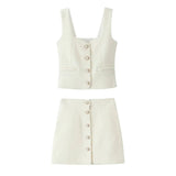 Tweed Pearl Button Sleeveless Tank Top And Mini Skirt Set-Outfit