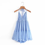 The Summer Of 2024, The New Style Baitai Thin Laminated Net Yarn Spliced V-Collar Halter Skirt With Large Bare Back-Outfit