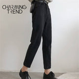 Jeans Pant Black Korean Crop Jeans Girls Students Vintage Solid Long Pants Fit Female High Waist Denim Pants