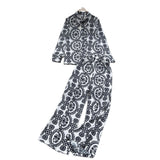 Fongt Familiar Wind Wearing A Female Fashionable Loose-Fitting Long-Sleeved Printed Shirt + High-Waisted Casual Broad-Legged Trousers Set