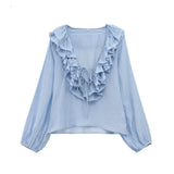 Fongt Early And Early Autumn New French Sweet V-Neck Thin Long-Sleeved Lotus Leaf Shirt Top 8544207