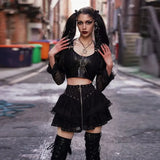 Zipper Lace Splicing Tie Short Skirt Dark Summer Street Fashion Leisure Pleated Skirt-Outfit