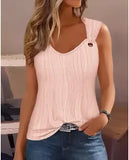 Fongt Summer Fashion Sexy Simple Metal Button V-Neck Sleeveless Women's Solid Color Sweet