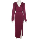 V Neck Long Sleeve Midi Dresses High Split Autumn 2021 Vintage Chic Party Wear Elegant Female White Aesthetic