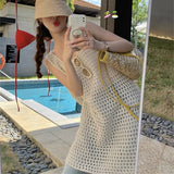 Fongt Spring And Summer Temperament Pure Color In The Long Knit Skirt Early Spring Small Design Sense Hollow Out Fold Wear Vest Dress Female-Outfit