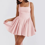 Romantic Atmosphere, Pure Color, Sexy, Bare Back, Stitching, Square Collar, Waist A, Short Dress.-Outfit